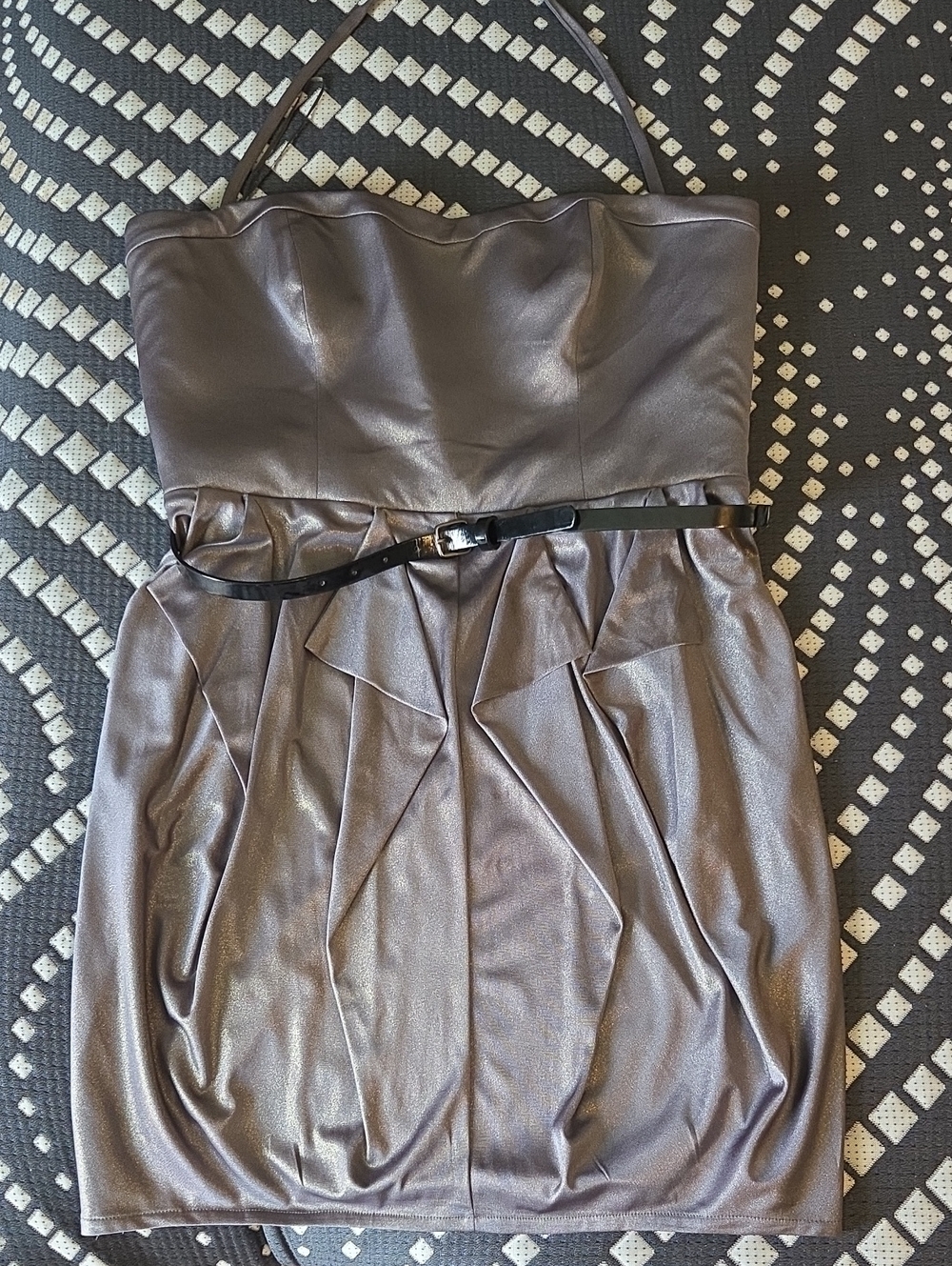 Jessica Simpson Metallic Gunmetal Cocktail Dress with Slim Black Belt